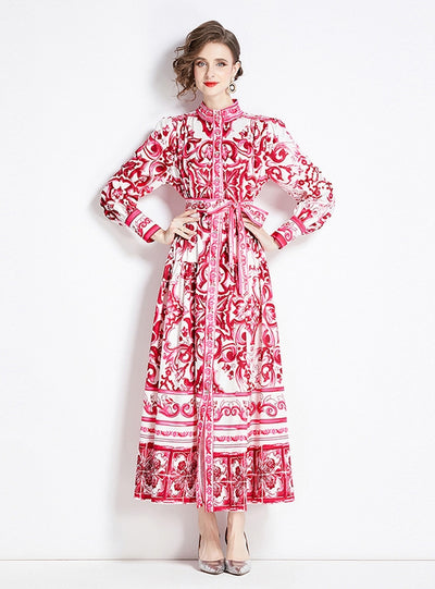 Stand-up Collar Breasted Slim Print Dress