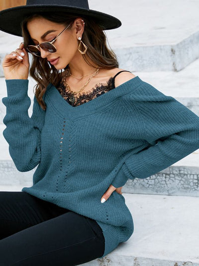Lace Stitching Pullover V-neck Sweater