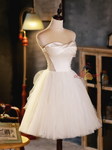 Beige Tulle Satin Pleats Homecoming Dress