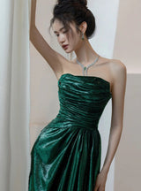 Simple Green Strapless Pleats Prom Dress