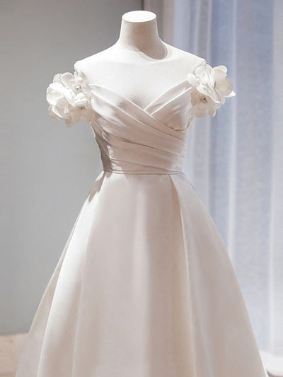 White Satin Off the Shoulder Flower Pleats Wedding Dress