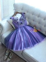 Purple V-neck Tulle Beading Appliques Homecoming Dress
