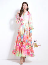 V-neck Lace Lantern Sleeve Printed Chiffon Dress
