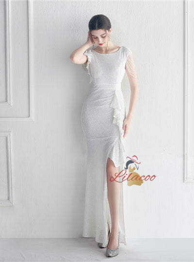 Sequins Cap Sleeve Beadin Split Prom Dress