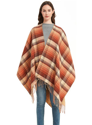 Checked Tassel Split Shawl