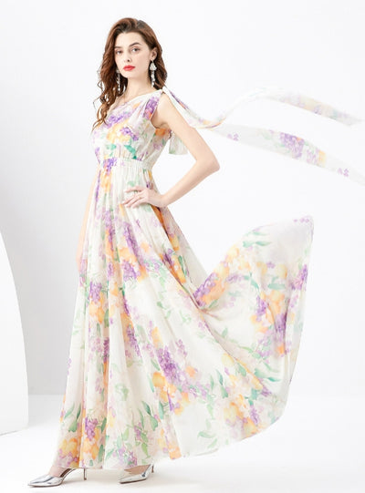 Bow Slim Long Floral Holiday Dress