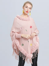 Warm Flower Embroidered Fringed Fur Collar Shawl