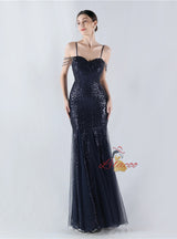 Sequins Tulle Spaghetti Straps Beading Prom Dress