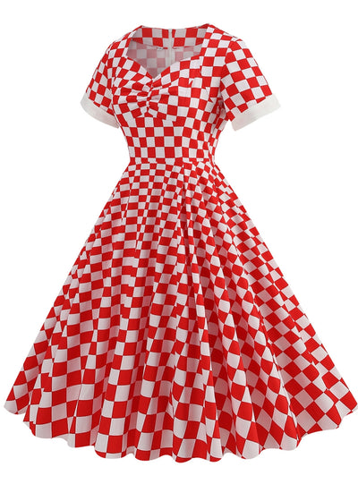 Checkerboard Swing Long Red Dress