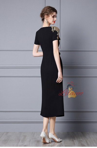 Black Short Sleeve Beading Mother Of The Bride Dress