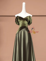 Green Satin Velvet Off the Shoulder Prom Dress