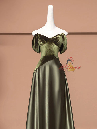 Green Satin Velvet Off the Shoulder Prom Dress