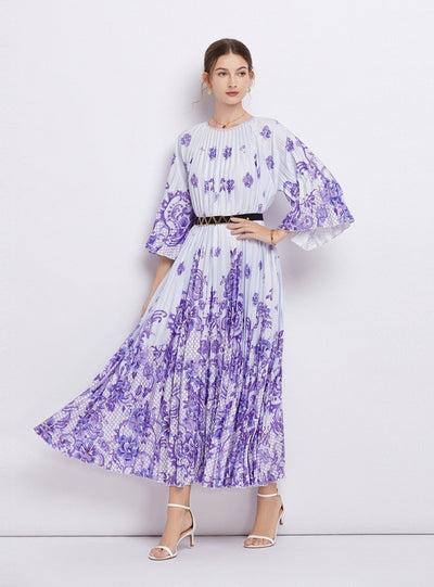Cropped Sleeve Round Neck Printed Pleated Dress