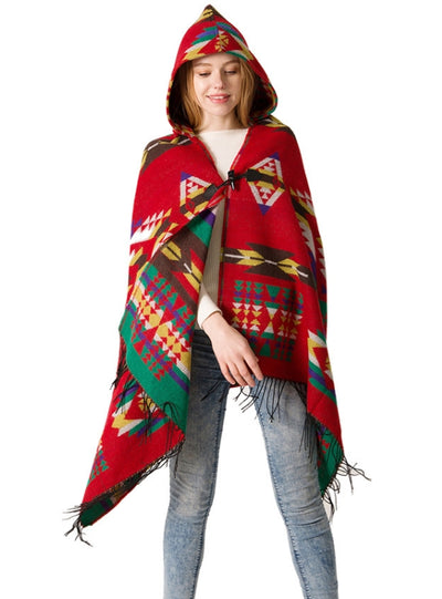 Bohemian National Wind Horn Buckle Hooded Shawl