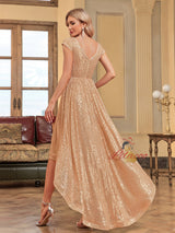 Gold V-neck Sequins Cap Sleeve Prom Dress