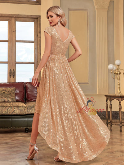 Gold V-neck Sequins Cap Sleeve Prom Dress