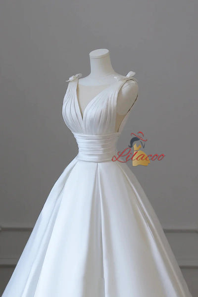 White Satin Pleats See Through Neck Wedding Dress