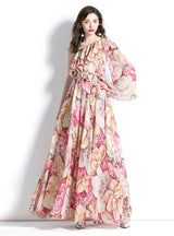 One-shoulder Ruffled Beach Print Dress