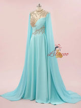 Blue High Neck Chiffon Beading Prom Dress