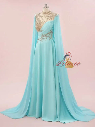 Blue High Neck Chiffon Beading Prom Dress