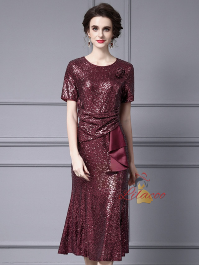 Burgundy Sequins Pleats Mother Of The Bride Dress