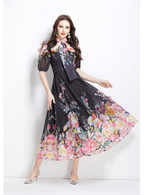Bow Bubble Sleeve Long Printed Dress