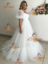 White Tulle Puff Sleeve Appliques Wedding Dress
