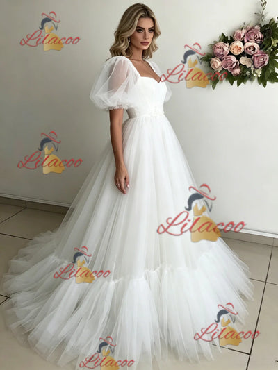 White Tulle Puff Sleeve Appliques Wedding Dress