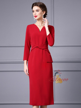 Red Long Sleeve V-neck Mother Of The Bride Dress