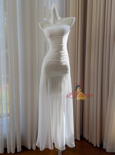 White Tulle Strapless Pleats Prom Dress