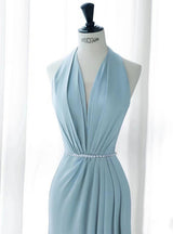 Blue Mermaid Halter Backless Pleats Pearls Prom Dress