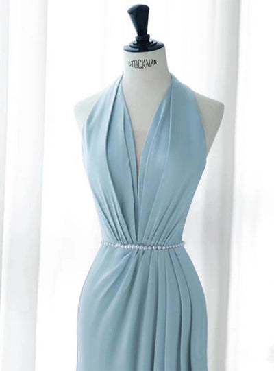 Blue Mermaid Halter Backless Pleats Pearls Prom Dress