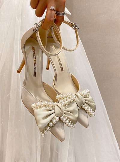 One-button Pearl Bow High Heels Shoes