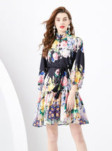 Retro Painted Long Sleeve Printed Dress