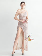 One Shoulder Sequins Split Prom Dress