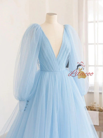 Light Blue Tulle Backless Long Sleeve Prom Dress