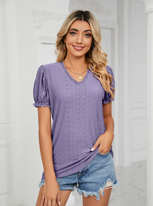 Lace Stitching Hollow V-neck T-shirt