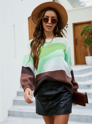 Splicing Leisure Round Neck Green Long-sleeved Sweater