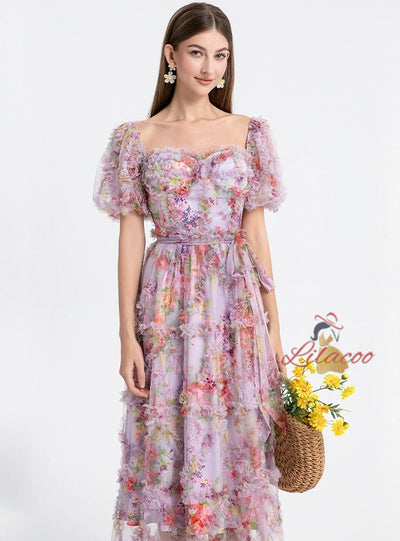 Heavy-duty Gauze Printed Spliced Ruffled Dress