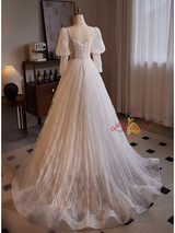 White Lace Long Sleeve Flower Wedding Dress