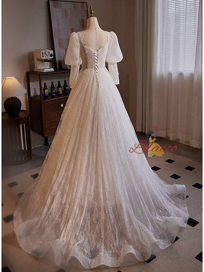 White Lace Long Sleeve Flower Wedding Dress
