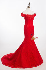 Red Mermaid Lace Off the Shoulder Beading Prom Dress