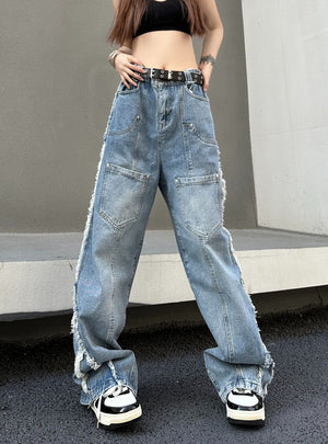 Pocket Wide-leg Raw Edges Pants Jeans