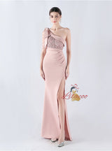 Mermaid One Shoulder Split Appliques Prom Dress