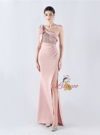 Mermaid One Shoulder Split Appliques Prom Dress