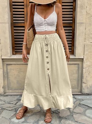 Retro Elastic Waist Button Split Skirt