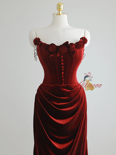 Burgundy Velvet Rose Flower Prom Dress