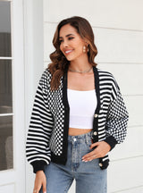 Plaid Stitching Striped Sweater Coat