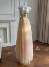 Champagne Tulle Straps Beading Prom Dress