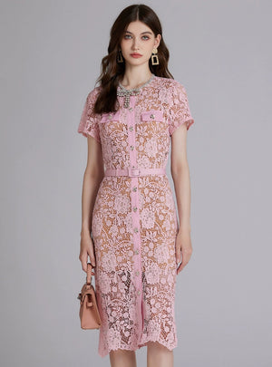 Heavy Lace Rhinestone Round Neck Dress